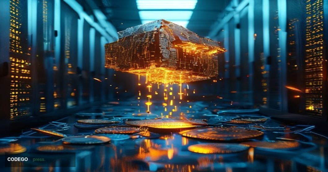 A cinematic editorial photograph depicting a fractured digital vault floating above a stylized representation of the Hedera n