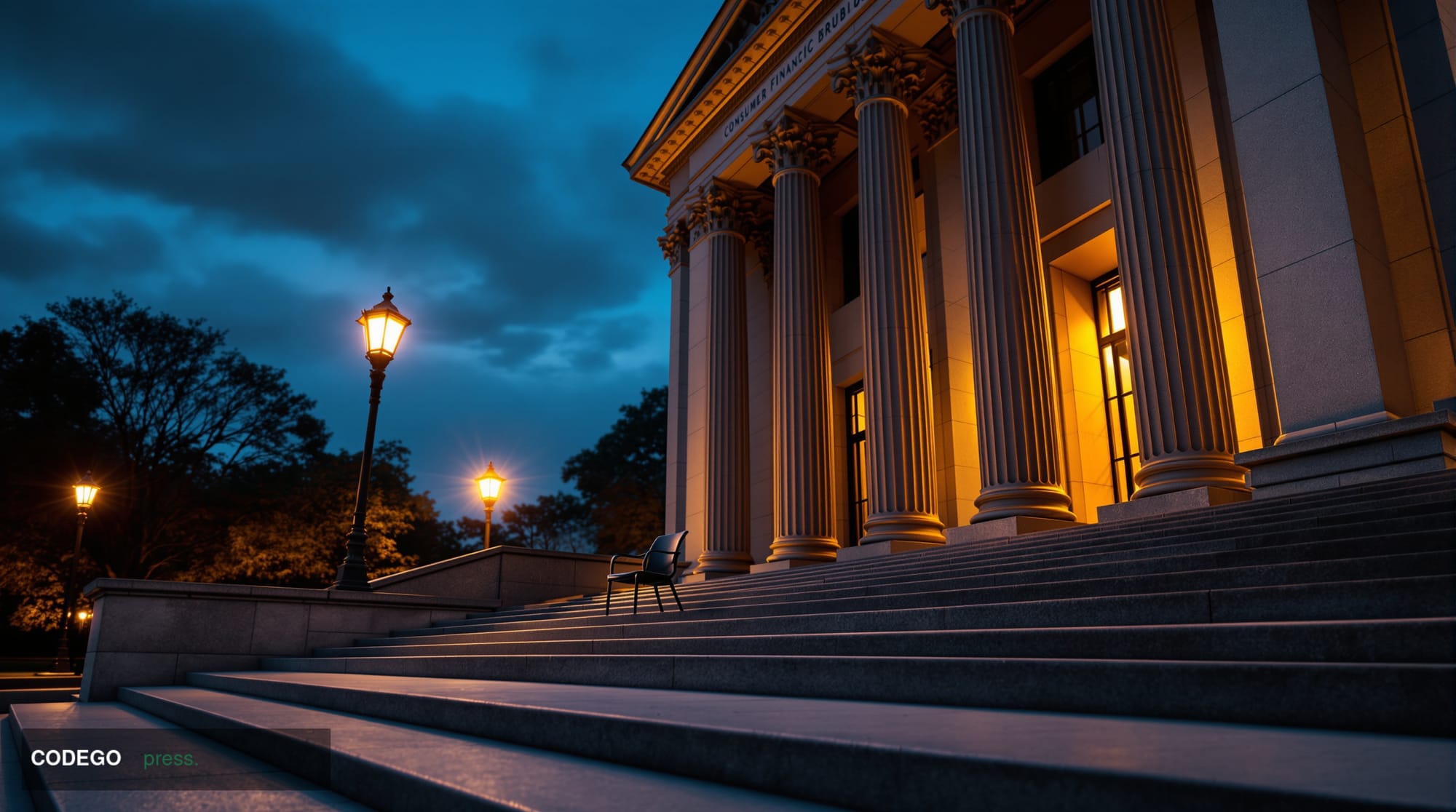 A photorealistic cinematic editorial photograph of the exterior of the Consumer Financial Protection Bureau headquarters buil
