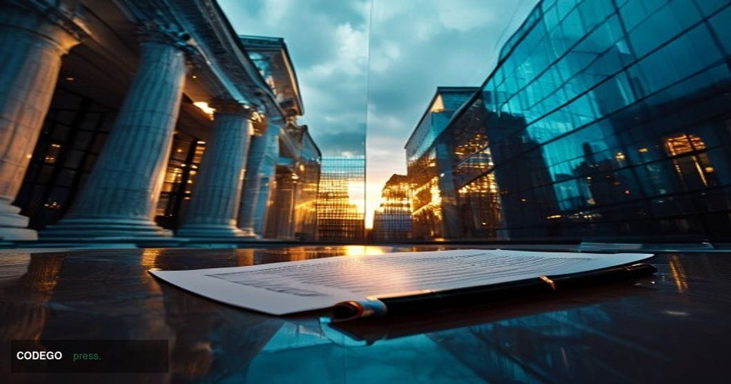 # Image Prompt:

A dramatic split-composition shot of a modern federal courthouse facade on the left side, bathed in cool blu