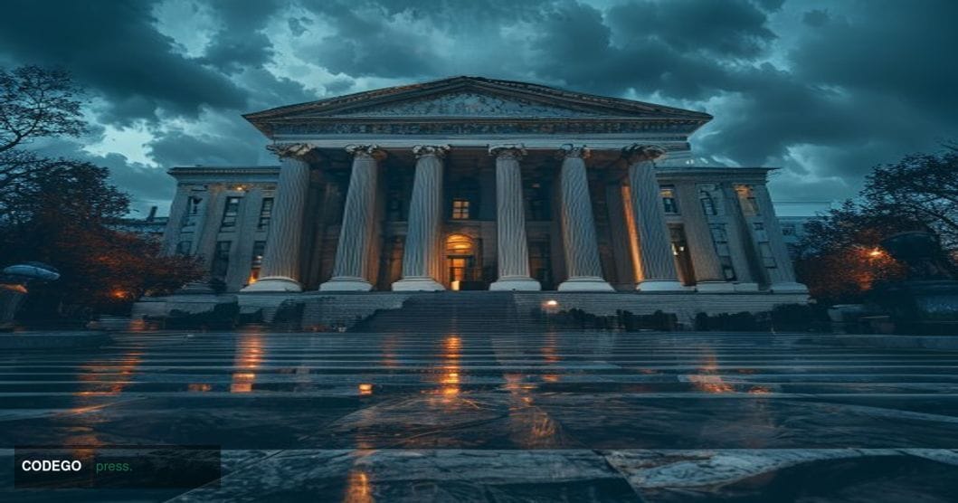 A dramatic wide-angle shot of the CFTC headquarters building in Washington D.C., photographed from street level looking upwar