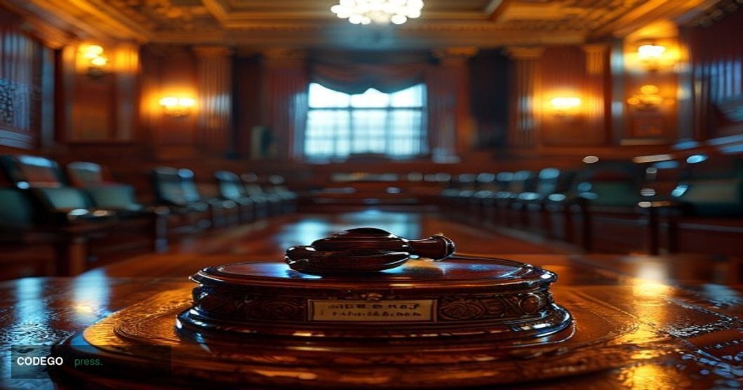 A photorealistic editorial photograph set inside a grand Washington D.C. federal government hearing room, modeled after the C