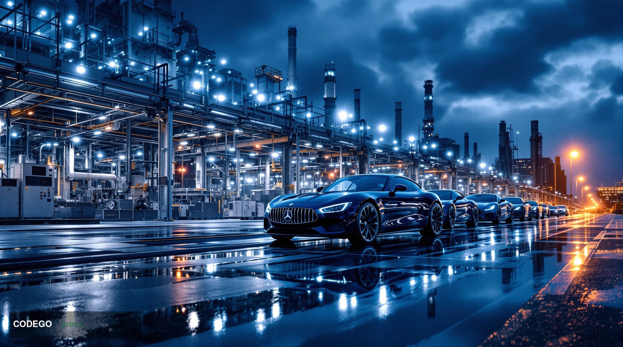 A cinematic editorial photograph taken at dusk from a low angle looking up at a modern German automotive assembly plant, with