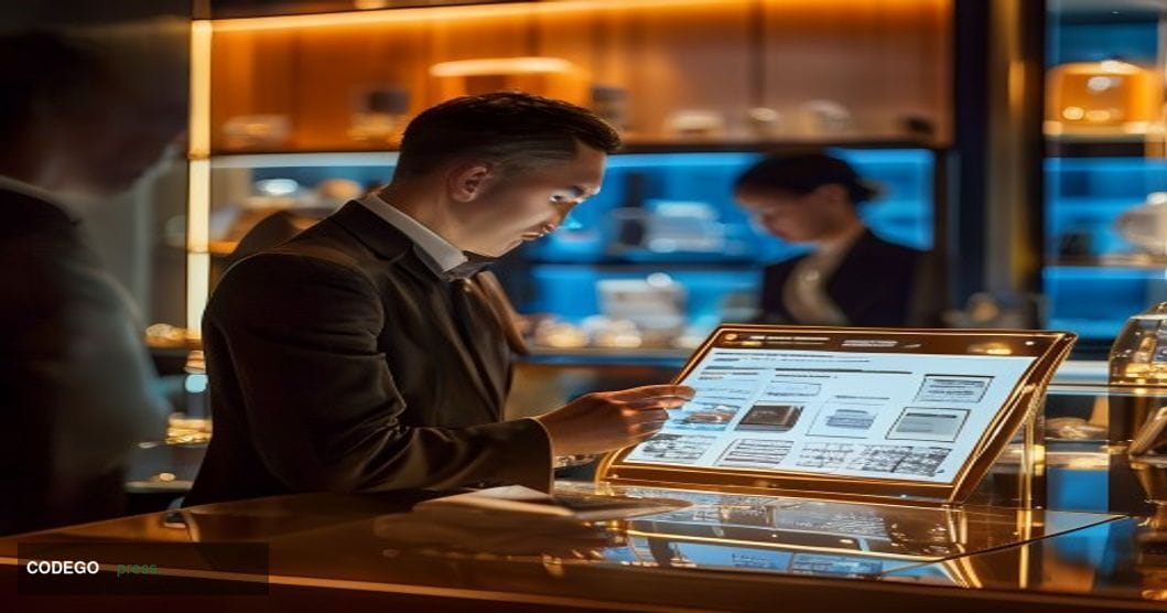 A cinematic editorial photograph set inside a high-end jewelry retail boutique in Hong Kong, with warm amber display case lig