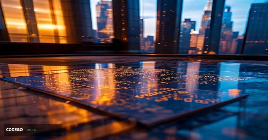 A dramatic cinematic editorial photograph taken from a low angle looking up at the imposing glass-and-steel facade of a major