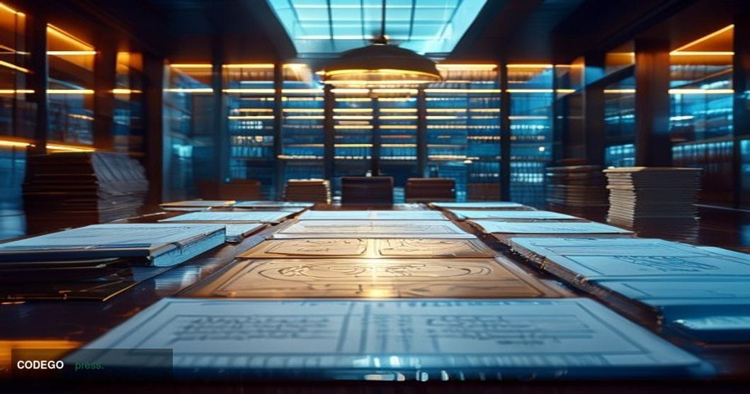 A photorealistic editorial photograph set inside a grand corporate signing room where a sleek modern deal desk dominates the 
