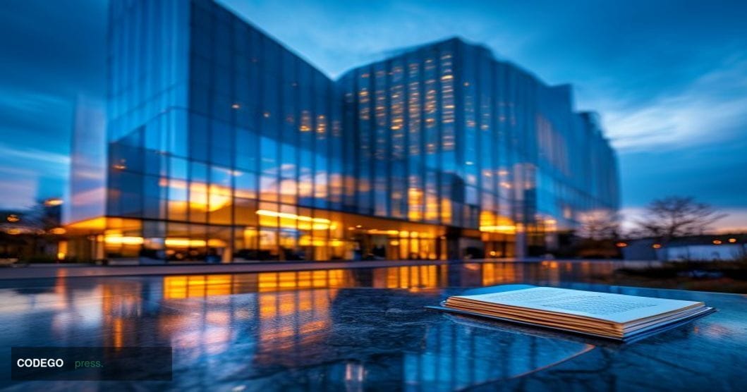 A dramatic cinematic editorial photograph taken at low angle looking up at the IBM headquarters building facade in Armonk, Ne