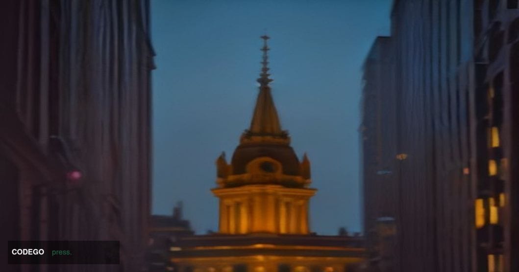 A photorealistic editorial photograph set at dusk outside the iconic New York State Department of Financial Services building