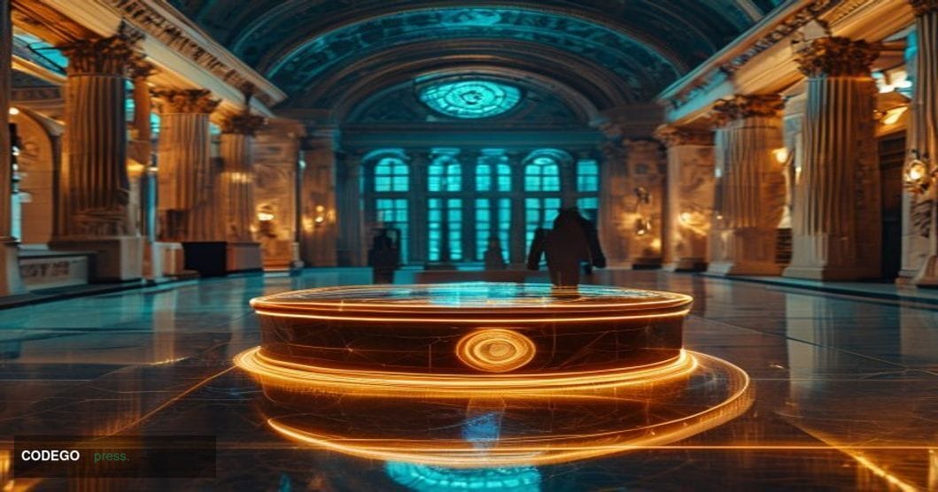A dramatic photorealistic editorial photograph set inside a grand neoclassical bank building interior, evoking the authority 