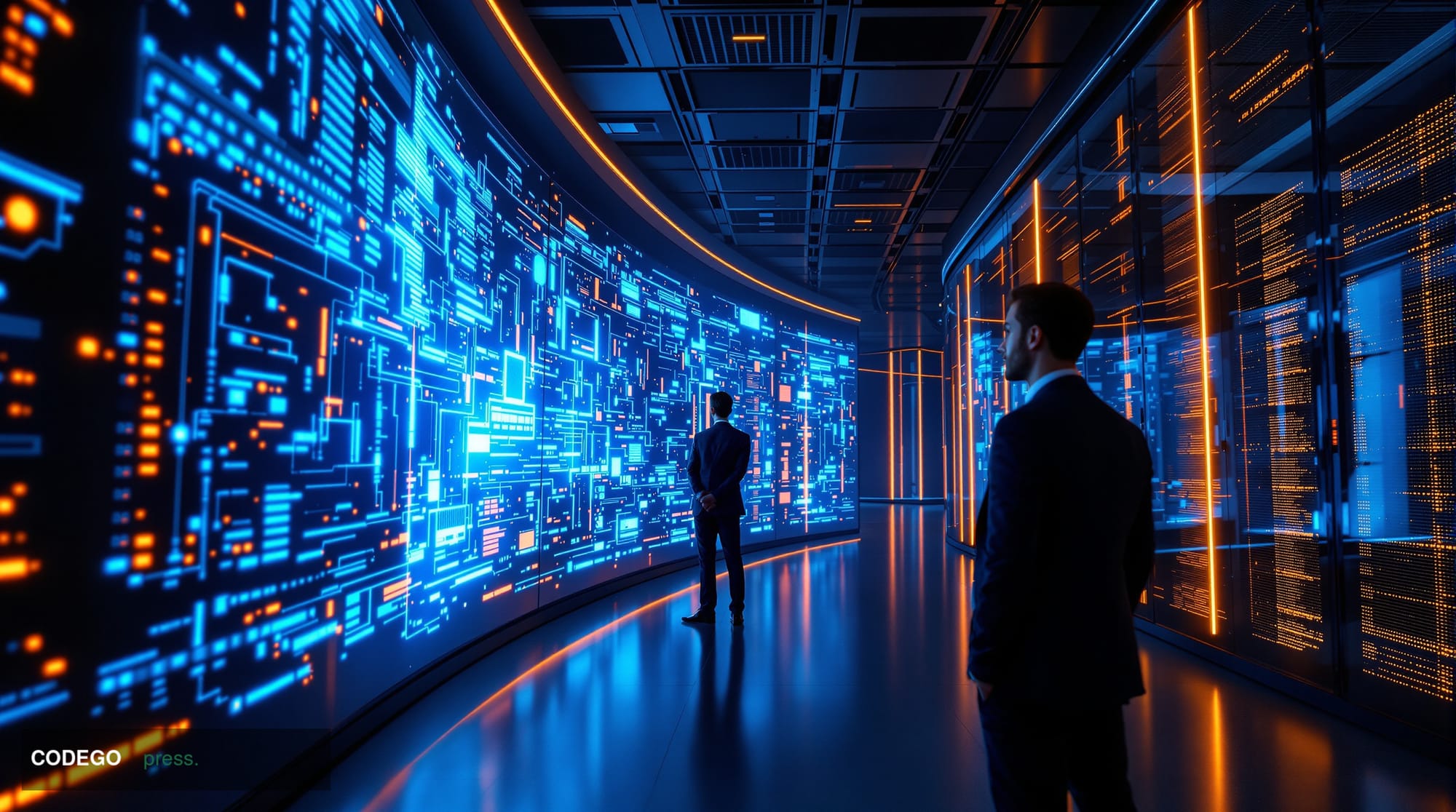 A dramatic cinematic editorial photograph inside a sleek, modern corporate payments operations center, with large curved scre