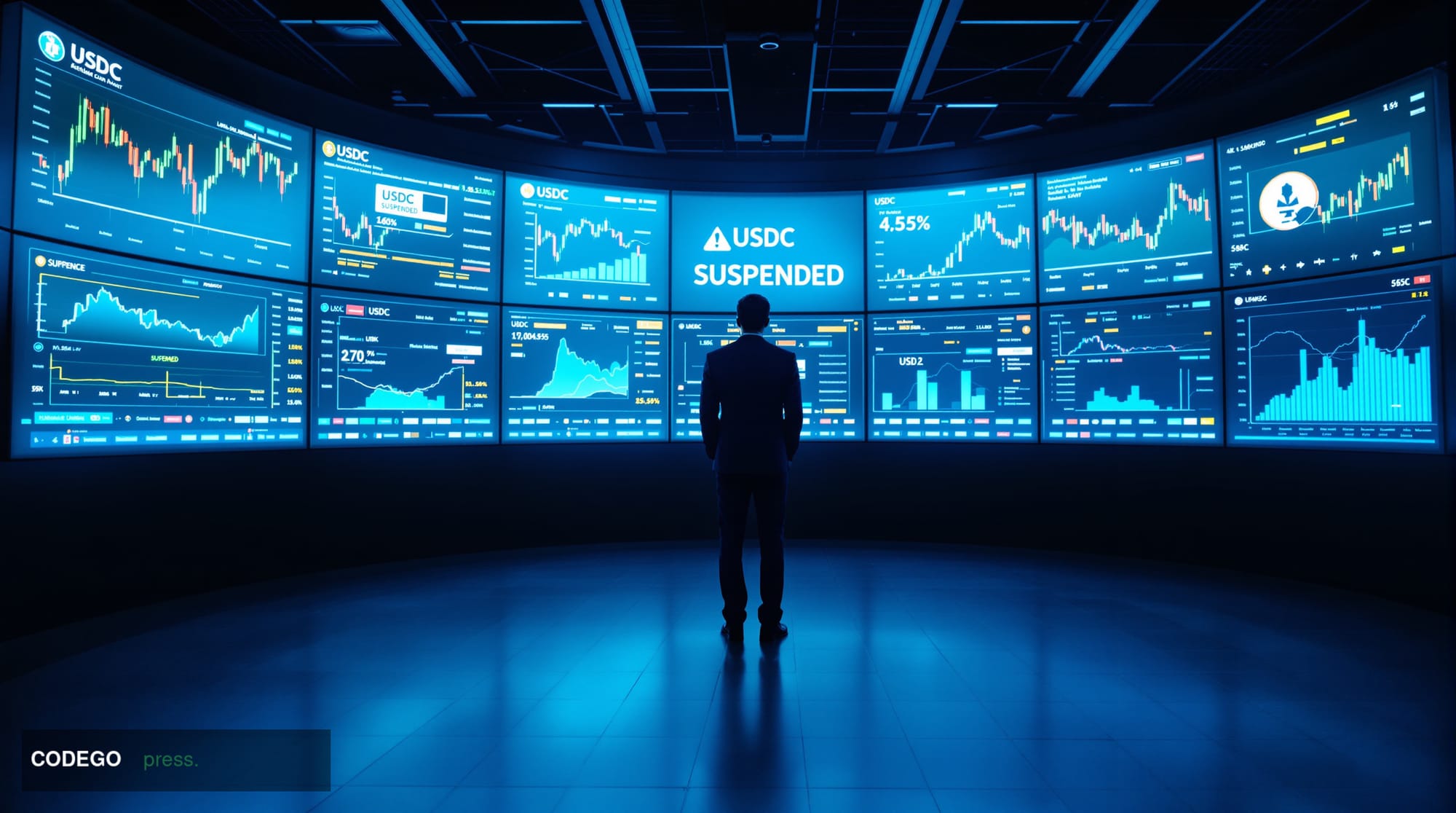 A cinematic editorial photograph set inside a stark, high-security financial operations center, representing Circle's enforce