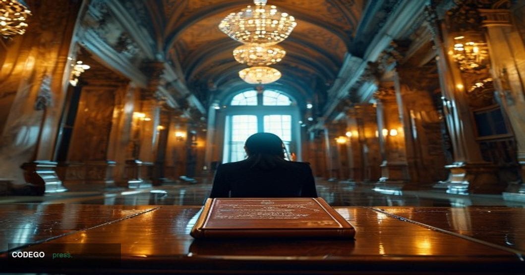 A cinematic editorial photograph set inside a grand United States Senate corridor, shot from a low angle looking up at ornate