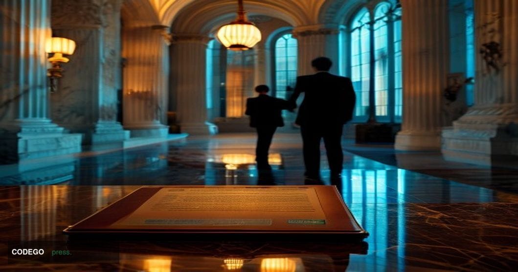 A dramatic cinematic editorial photograph set inside a neoclassical United States Capitol corridor, with marble columns in th