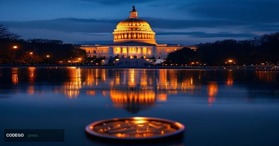 A wide-angle cinematic shot of the United States Capitol building in Washington D.C. at dusk, photographed from the iconic lo