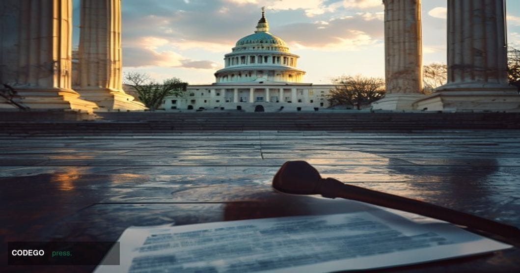 A wide-angle cinematic editorial photograph shot from a low angle looking up the imposing marble steps and neoclassical colum