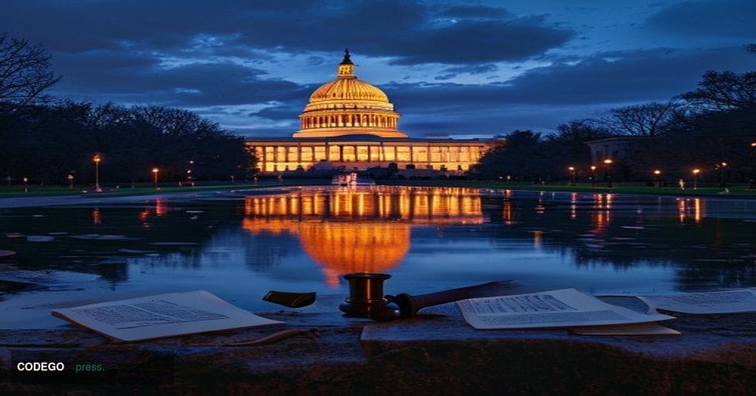 A dramatic wide-angle shot of the United States Capitol building in Washington D.C. at dusk, captured from the west lawn with