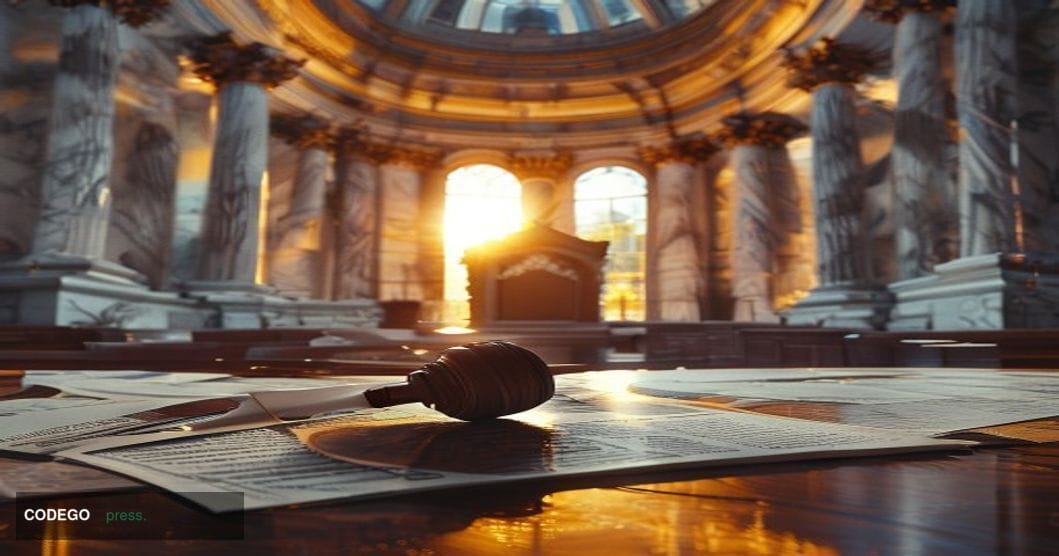 A dramatic wide-angle photorealistic editorial photograph set inside a grand marble-columned United States Capitol building r