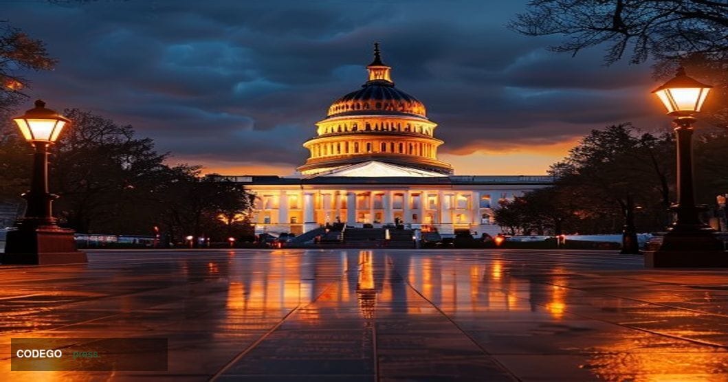 A wide-angle cinematic shot of the United States Capitol building in Washington D.C. at dusk, photographed from the west fron