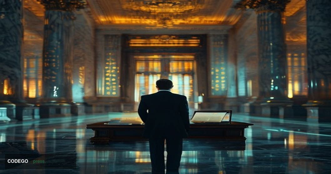 A dramatic cinematic editorial photograph set inside a grand U.S. Senate chamber corridor, marble columns and gilded architec