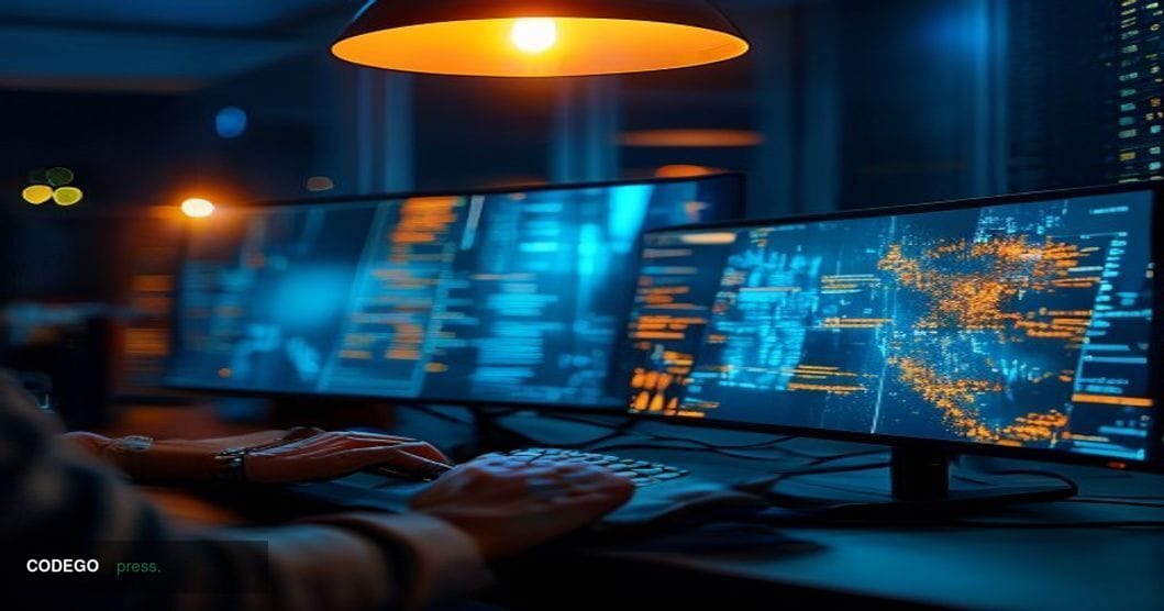 A cinematic editorial photograph depicting a dimly lit developer's workstation in a modern tech office, with two ultra-sharp 