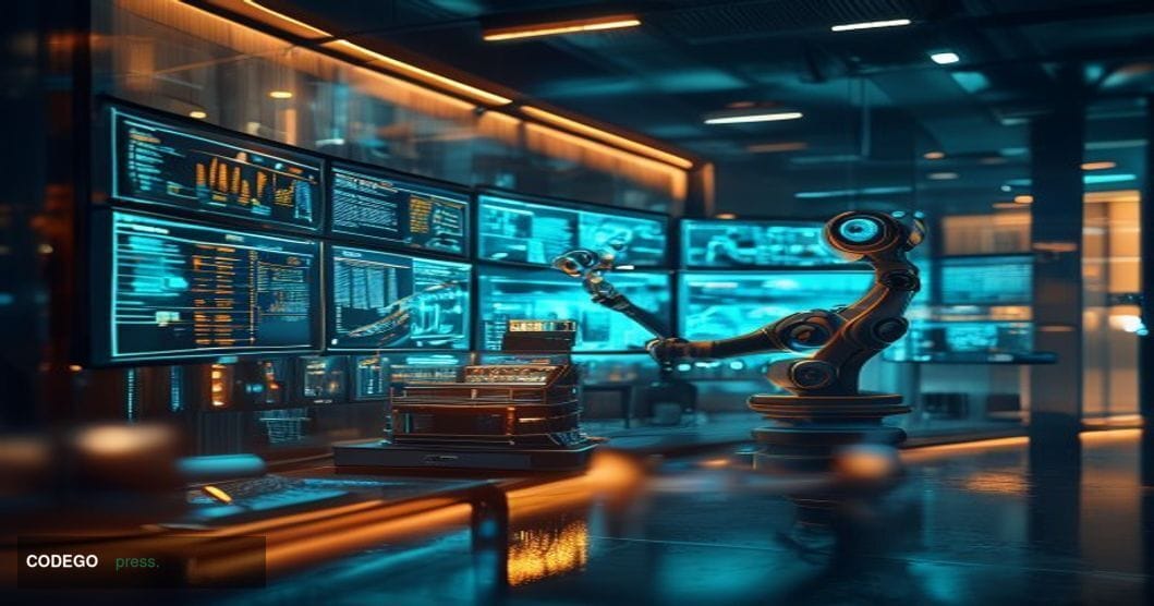 A cinematic editorial photograph set inside a sleek, near-future financial technology operations center, with large curved mo