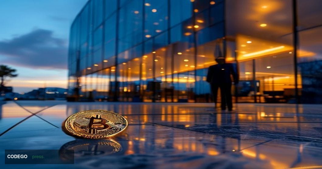 A cinematic editorial photograph set outside the Coinbase headquarters in San Francisco, California, at dusk with dramatic am