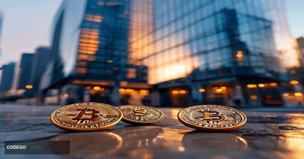 A cinematic editorial photograph taken at low angle looking up at the Coinbase headquarters building in San Francisco's finan