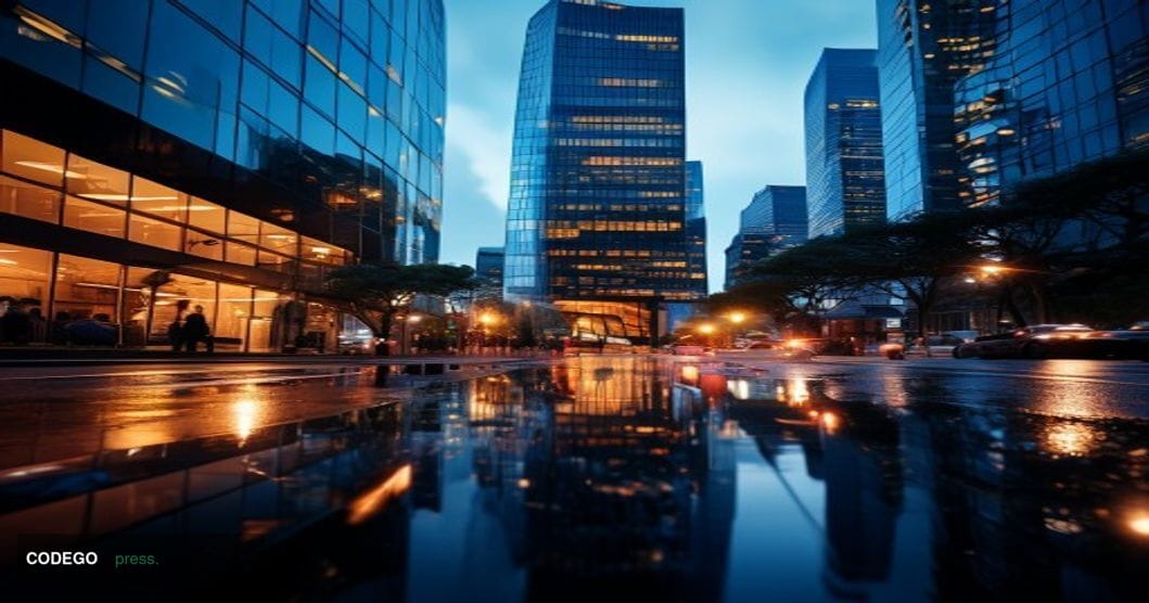 Cinematic editorial photograph of the Coinbase headquarters building exterior in San Francisco, California, shot from a low a