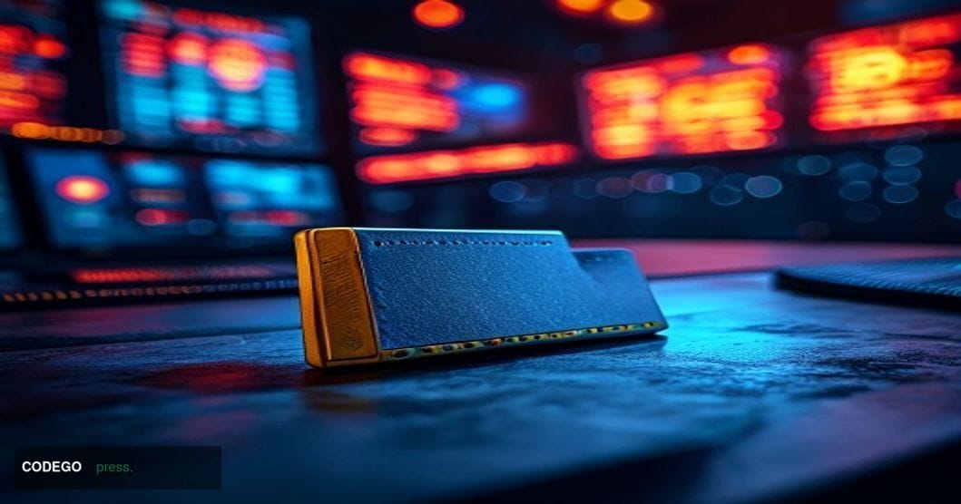 A cinematic editorial photograph of a physical Coldcard hardware wallet device resting on a dark matte surface, dramatically 