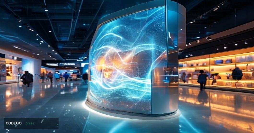 A cinematic editorial photograph set inside a modern retail flagship store — sleek white shelving, premium product displays g