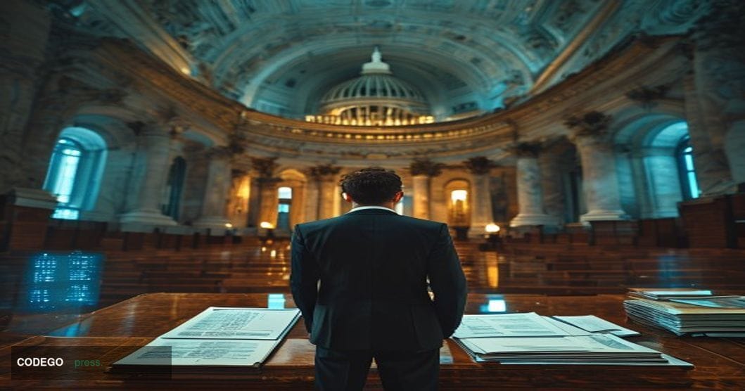 A photorealistic editorial photograph set inside the grand marble-columned hall of the U.S. Senate building in Washington D.C