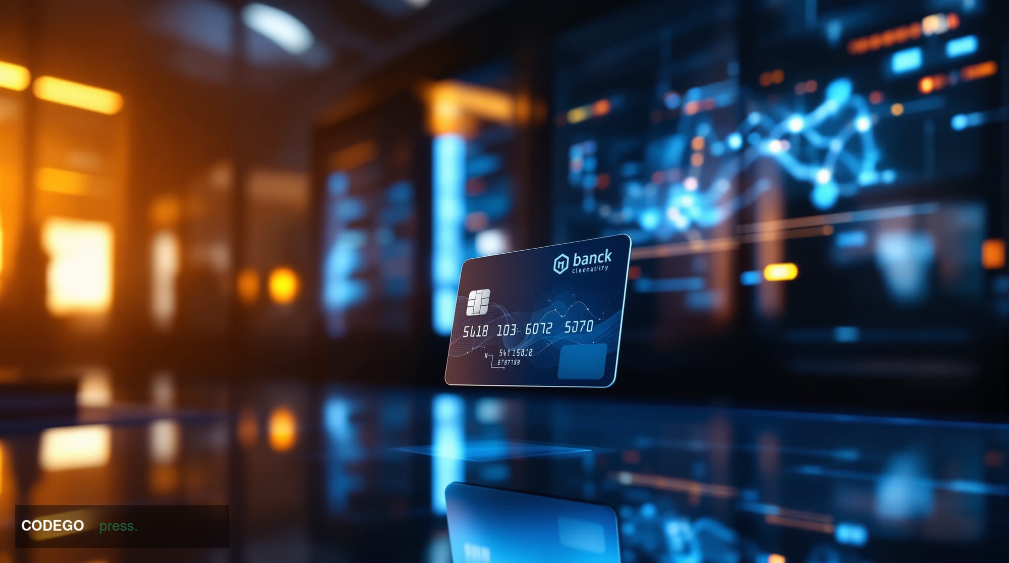 A cinematic editorial photograph set inside a sleek, modern fintech operations center with dual large curved screens displayi
