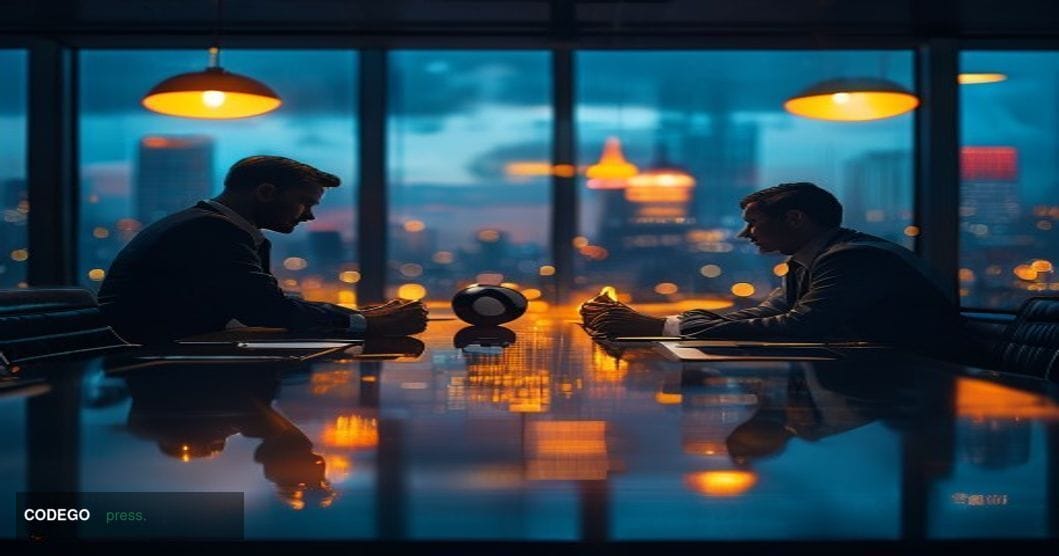 A cinematic editorial photograph set in a dramatic boardroom environment at twilight, with floor-to-ceiling glass windows ove