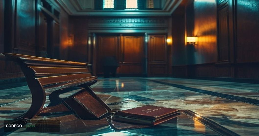 A cinematic editorial photograph taken inside a stark federal courthouse hallway, with dramatic chiaroscuro lighting casting 