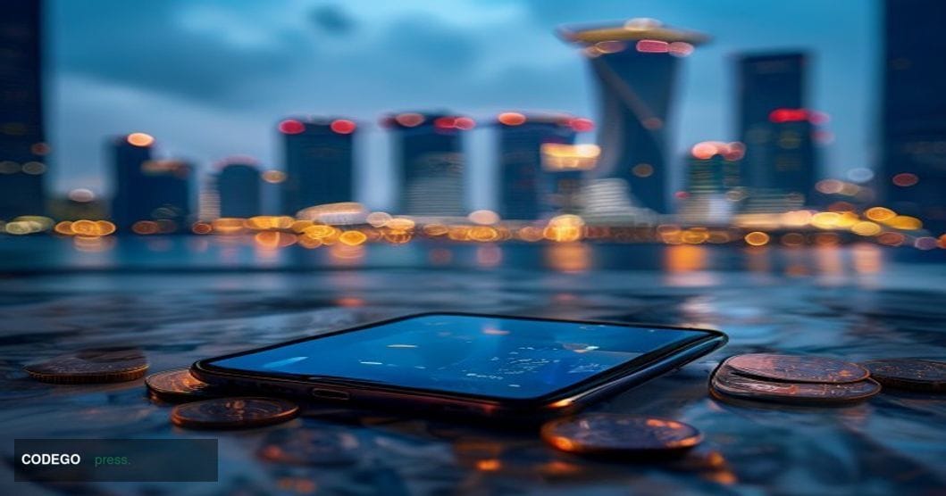 A dramatic cinematic editorial photograph set in Singapore's financial district at dusk, with the iconic Marina Bay Sands sky