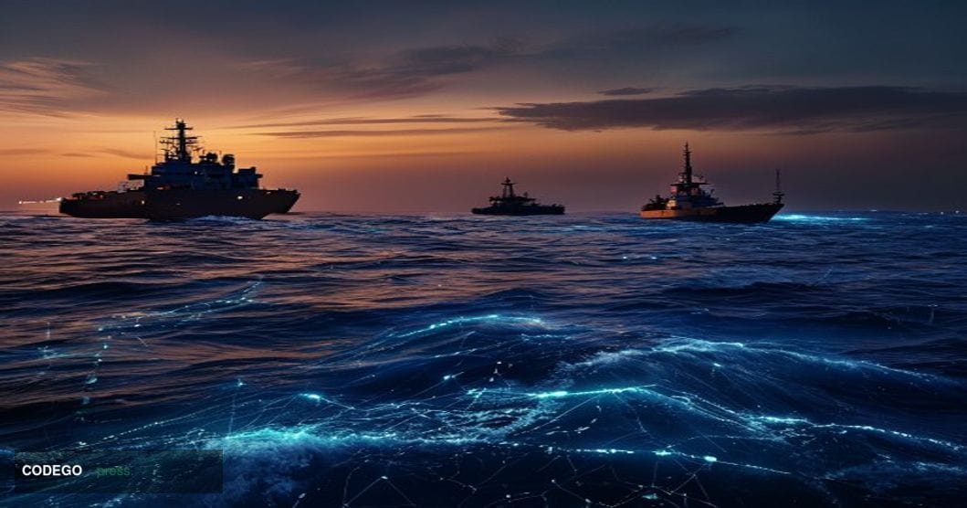 A photorealistic cinematic editorial photograph taken from a low-angle wide shot looking across the deep blue waters of the S