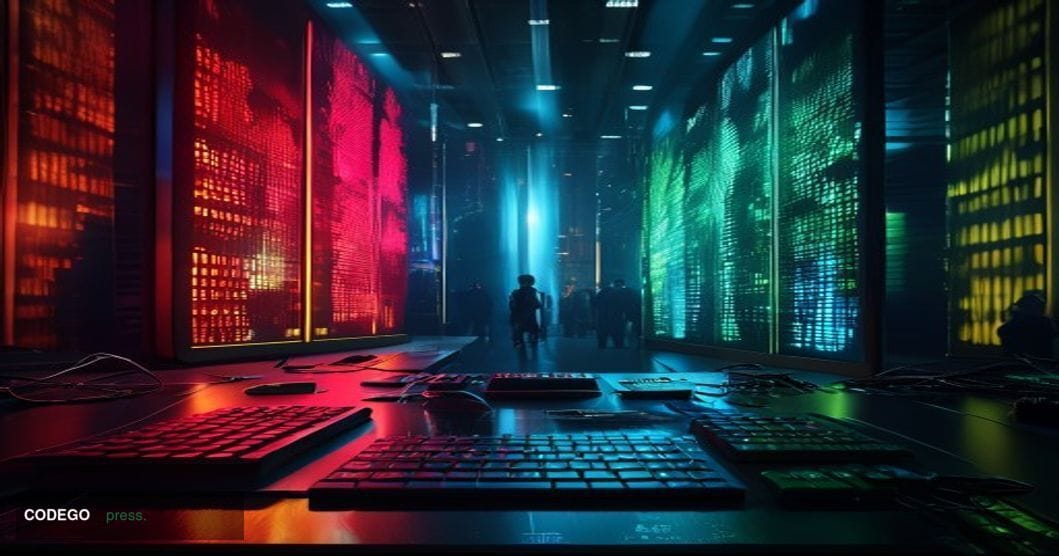 A cinematic editorial photograph depicting a dramatic cryptocurrency trading environment, shot from a low-angle perspective l