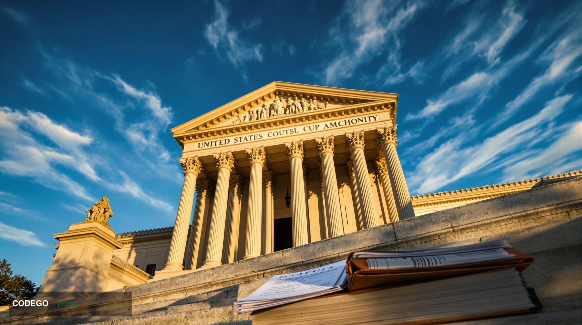 A dramatic cinematic editorial photograph shot from a low angle looking up at the neoclassical marble columns and facade of t