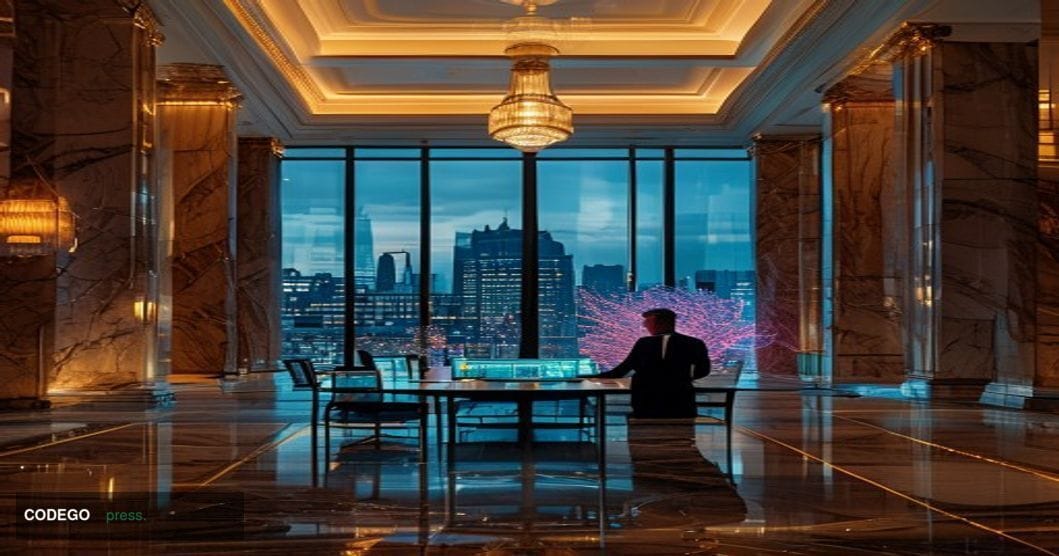 A cinematic editorial photograph set inside a grand, high-ceilinged German or Swiss bank headquarters interior — think marble