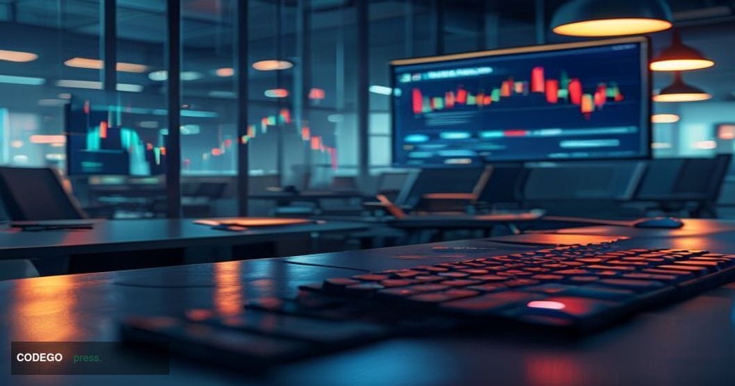 A cinematic editorial photograph depicting a darkened cryptocurrency trading terminal screen with fading candlestick charts a