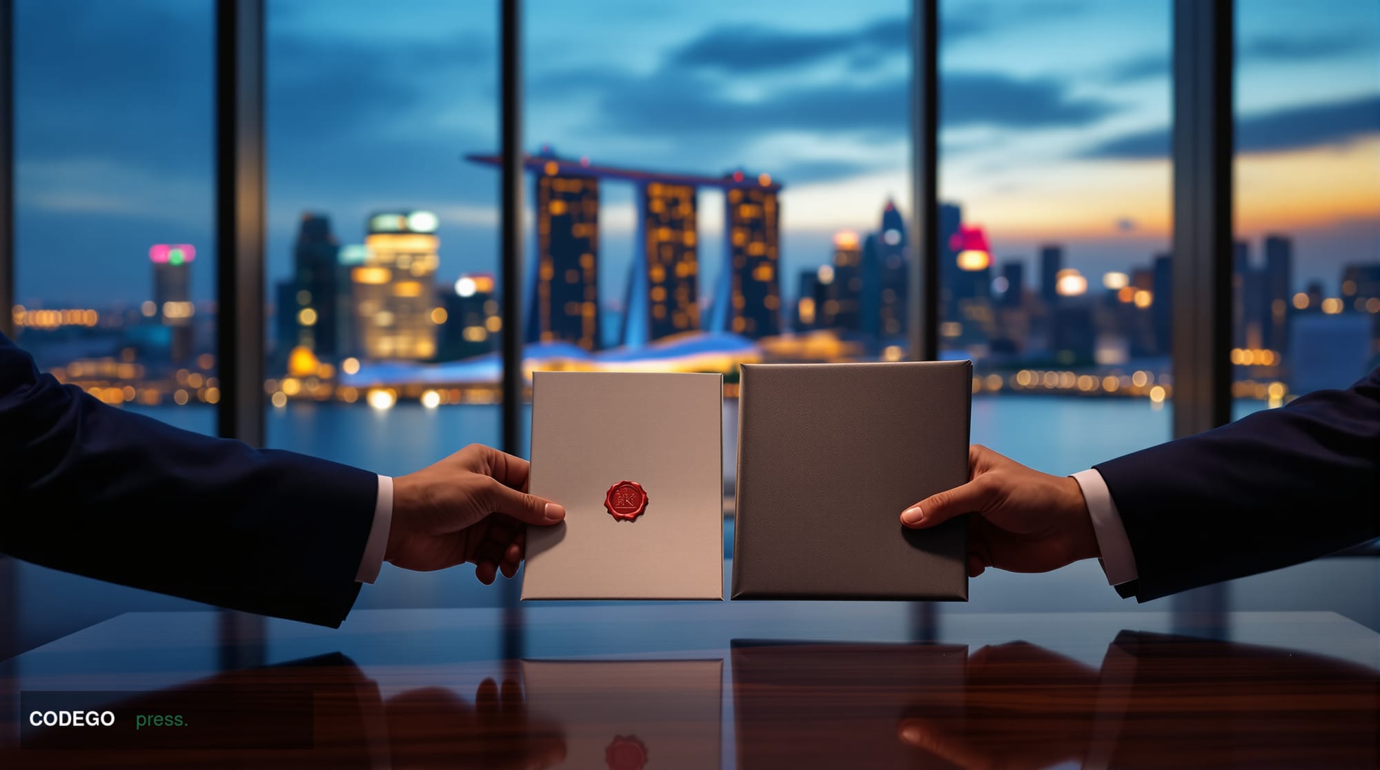 A cinematic editorial photograph set at dusk over the Singapore skyline with the iconic Marina Bay Sands in the background, s