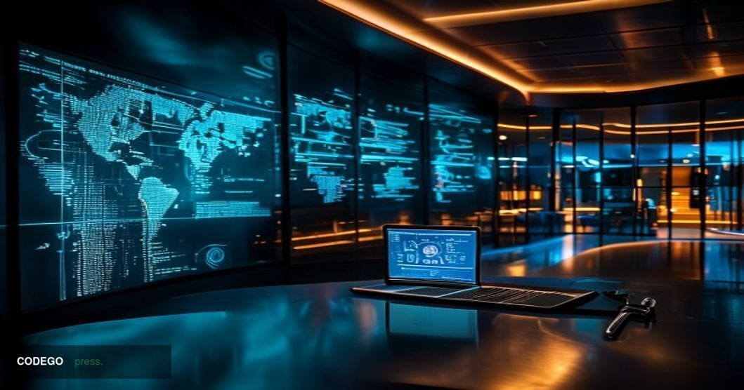 A dramatic cinematic editorial photograph set inside a sleek, darkened enterprise security operations center with curved wall