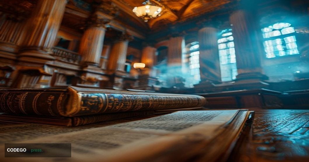 A photorealistic cinematic editorial photograph taken inside a grand marble-columned U.S. Senate hearing chamber, shot from a