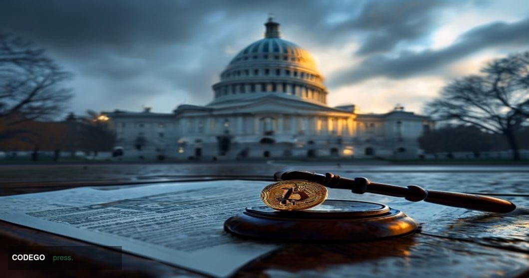 A dramatic cinematic editorial photograph set inside or just outside the Illinois State Capitol building in Springfield, with