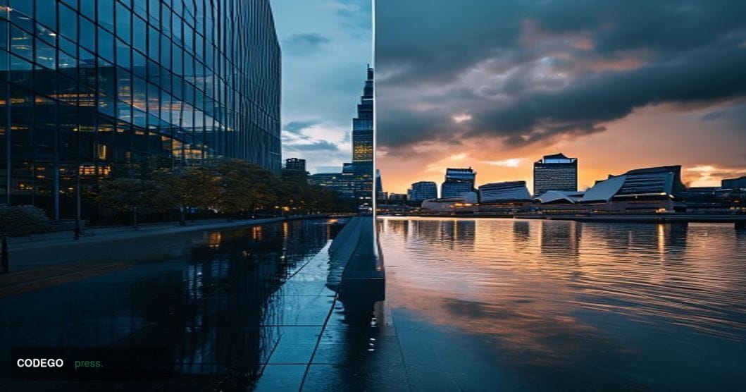 A cinematic editorial split-scene composition: on the left, the steel-and-glass facade of a towering financial skyscraper in 