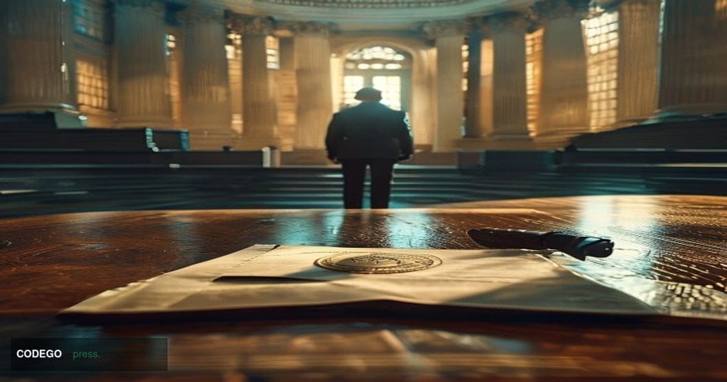 A cinematic editorial photograph depicting a federal law enforcement operation targeting cryptocurrency fraud. In the sharp f