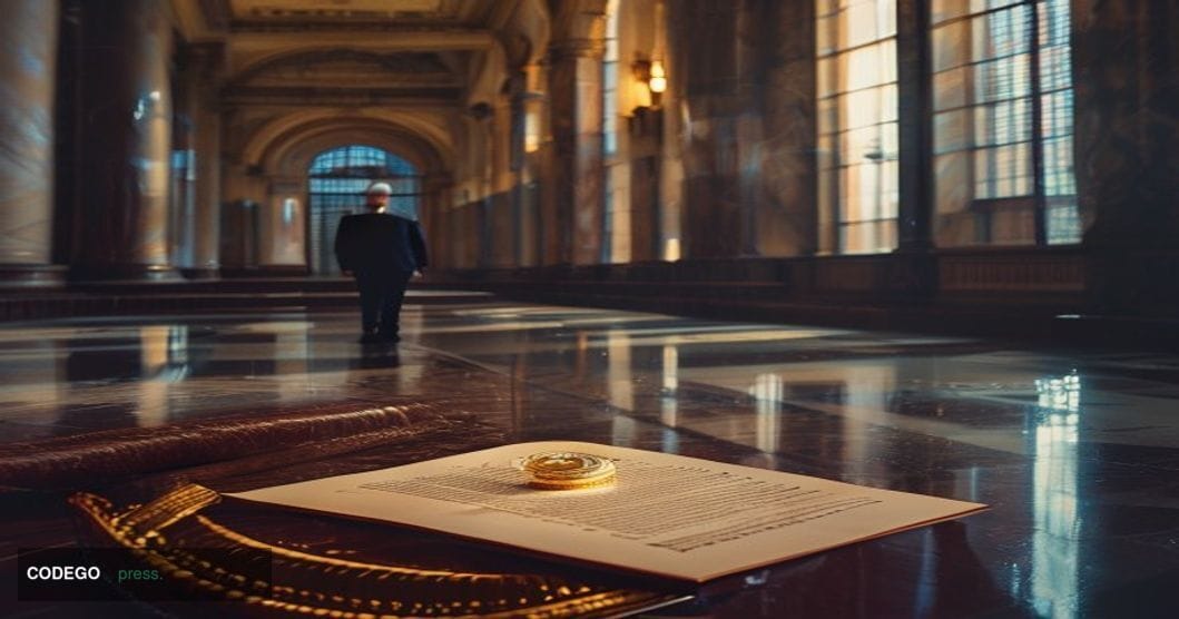 A cinematic editorial photograph set inside a grand federal courthouse corridor, with marble columns and polished stone floor