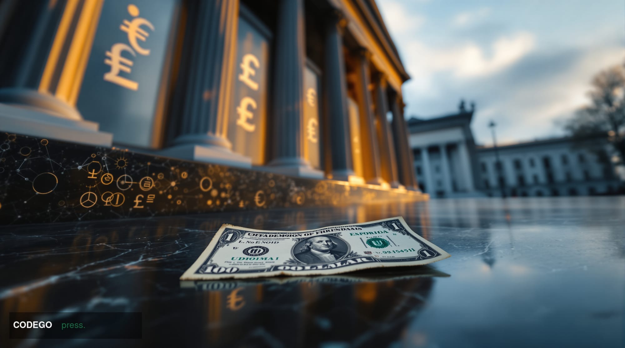 A cinematic editorial photograph shot from a low angle looking up at the facade of the Federal Reserve Building in Washington