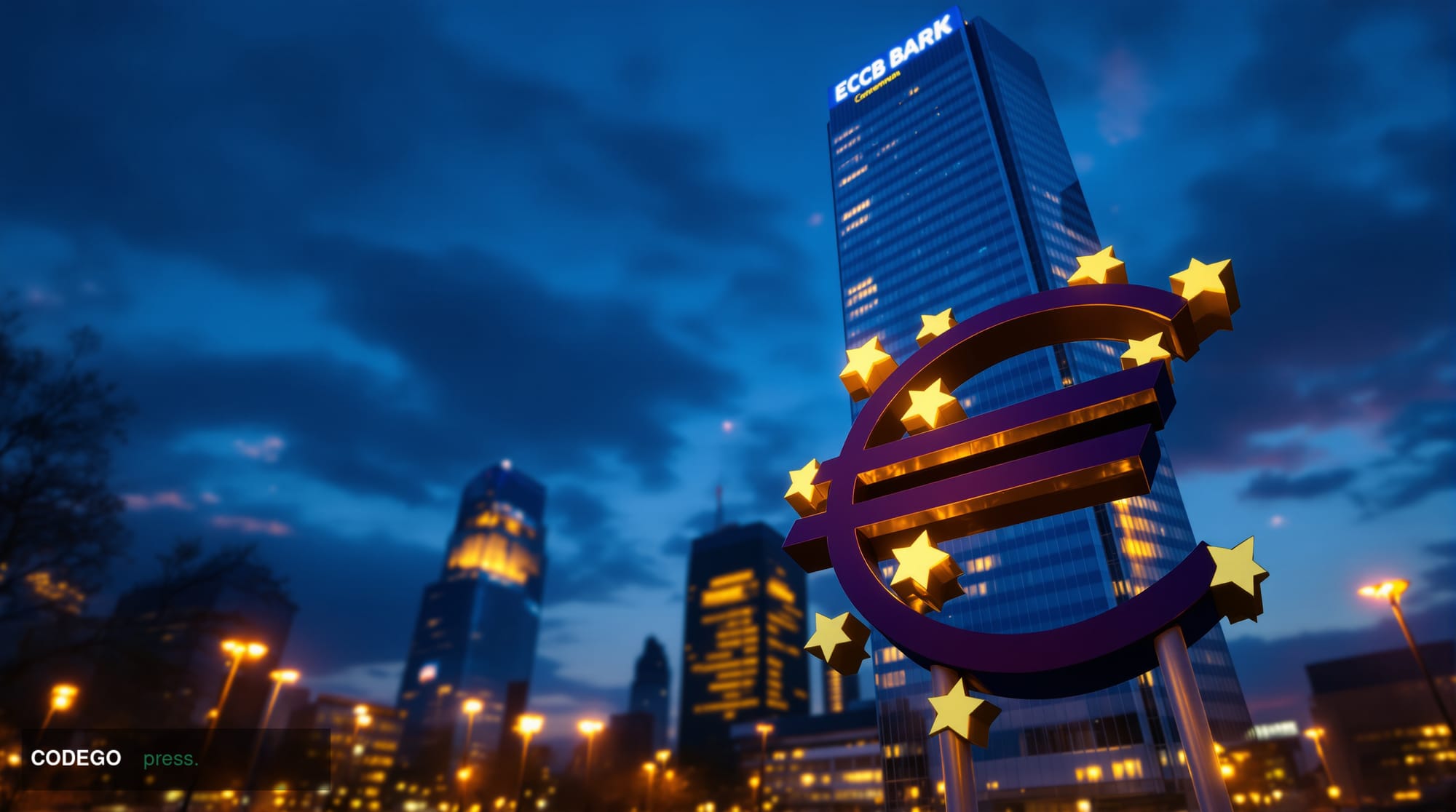 A cinematic photorealistic editorial photograph taken at the European Central Bank's iconic tower headquarters in Frankfurt, 