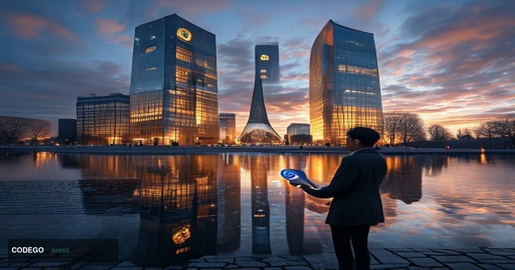 A dramatic photorealistic editorial photograph centered on the European Central Bank's iconic headquarters in Frankfurt, Germ