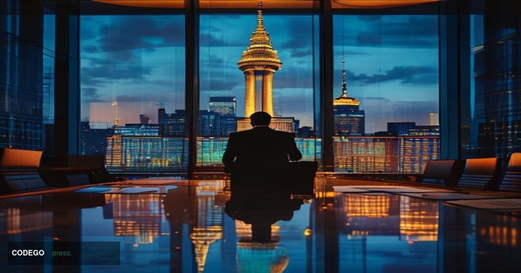 A dramatic editorial photograph set inside a grand European Central Bank chamber in Frankfurt, Germany, with the iconic ECB t